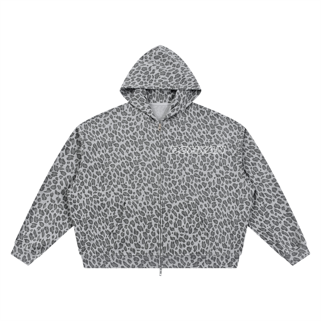 Unisex Leopard Print Waffle Full Zip Hoodie